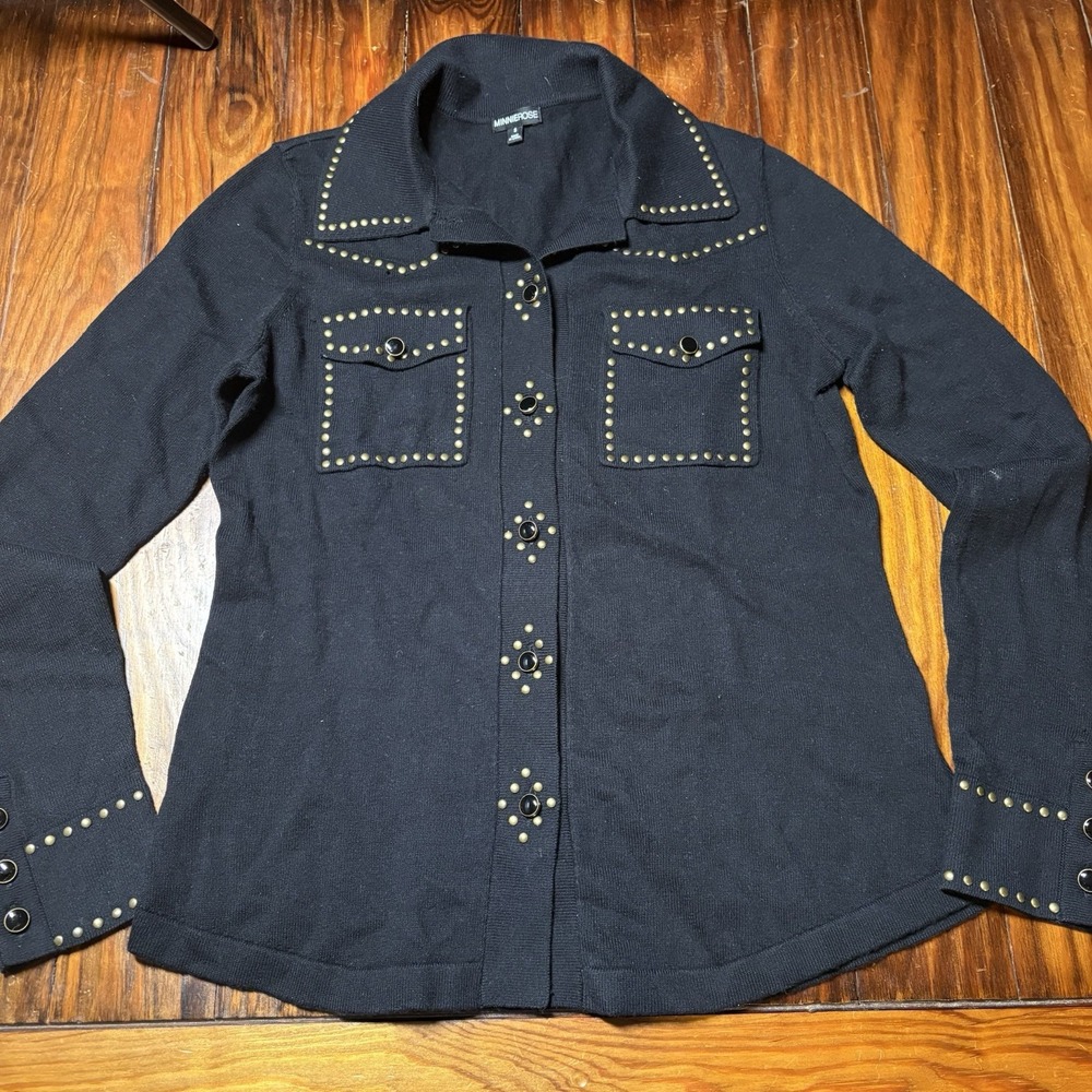 Minnie Rose Black Studded Sweater Top Cashmere Blend Sz s A1567